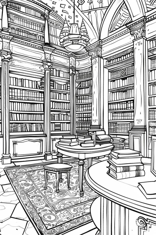 Vintage library interior scene, realistic line art style — free printable library coloring book page