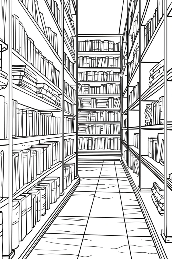 Library bookshelf aisle, realistic style — free printable library coloring book page