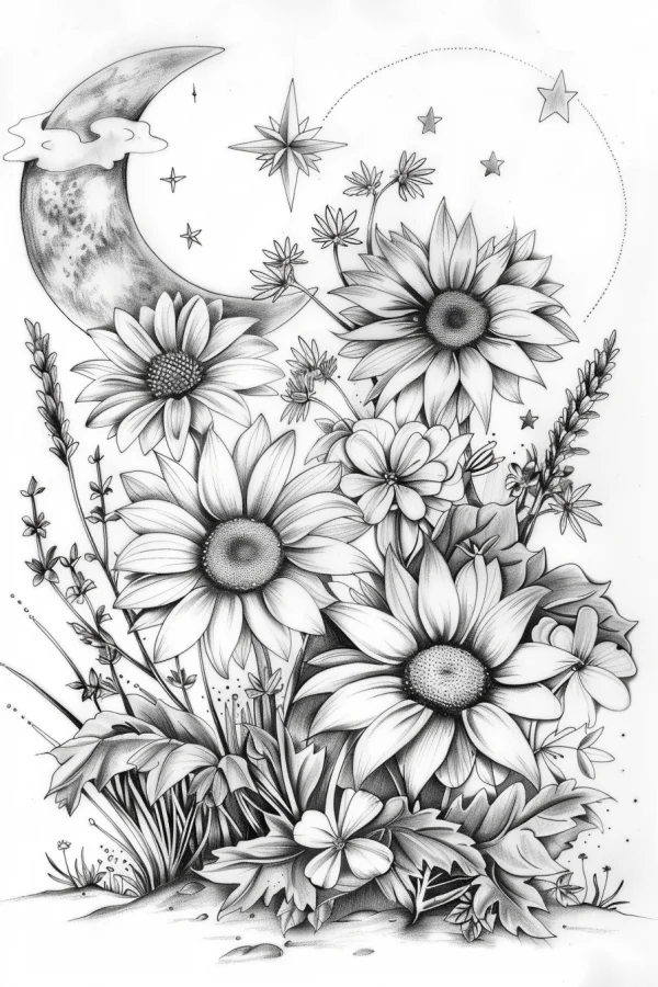 Sunflower bouquet under crescent moon with clouds and stars, realistic line art style — free printable dreamy coloring book page