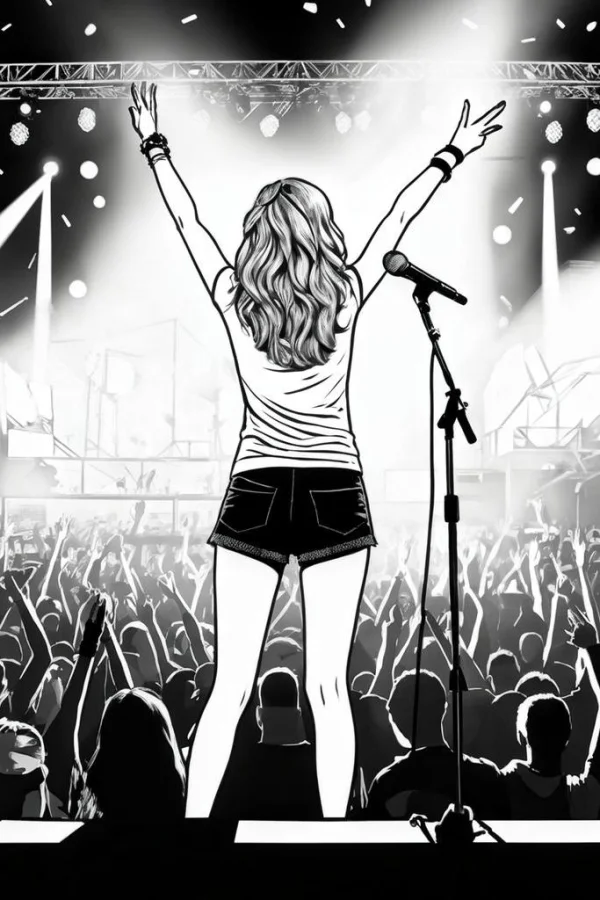 Back view of long-haired girl on stage with raised arms, realistic line art style — free printable performance coloring book page