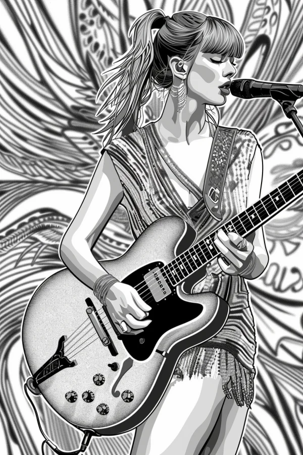 Female singer playing electric guitar and singing into a microphone, american comic style — free printable performance coloring book page