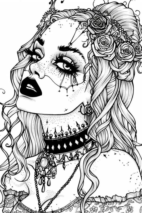 Gothic girl with roses in her curly hair, gothic style — free printable goth culture coloring book page