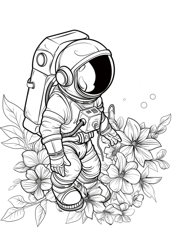 Astronaut surrounded by blooming flowers and leaves, cartoon style — free printable astronaut coloring book page