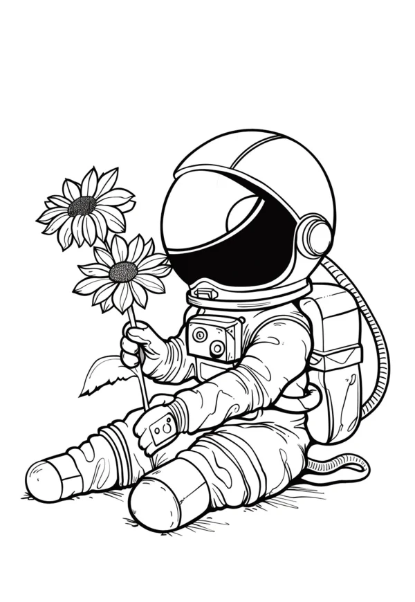 Astronaut sitting on grass holding sunflowers, cartoon sci-fi style — free printable astronaut coloring book page