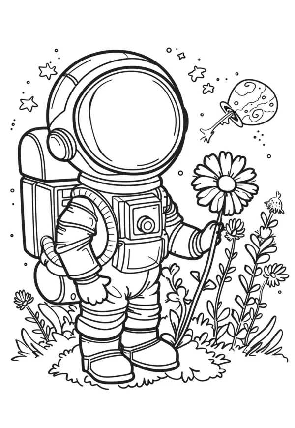 Astronaut holding a daisy, cartoon style — free printable astronaut coloring book page