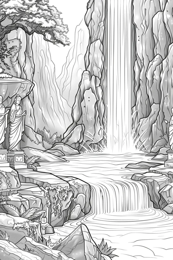 Landscape with waterfall and buddha statues, chinese ink painting style — free printable buddhist culture coloring book page
