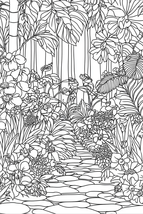 Rainforest stone path surrounded by tropical plants and flowers, sketch style — free printable rainforest coloring book page
