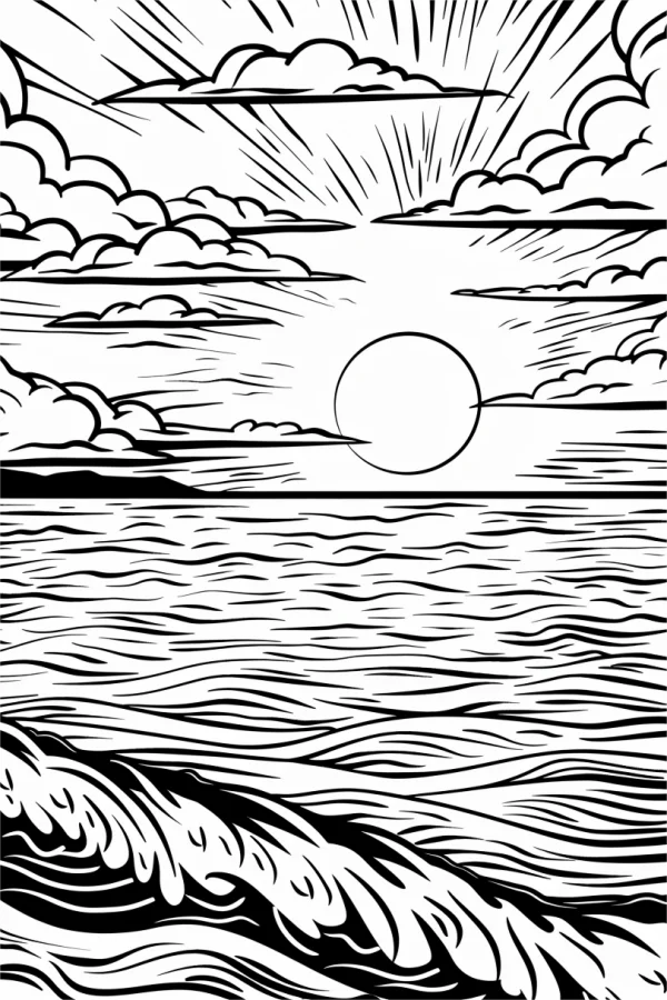Ocean sunset landscape, woodcut print style — free printable sunset coloring book page