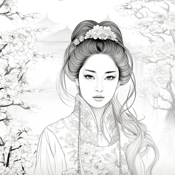 Classical chinese noble lady with floral hair accessories, wearing traditional chinese clothing with floral patterns — free printable classical scene coloring book page