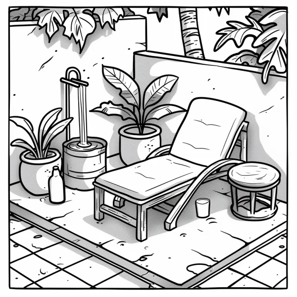 Backyard lounge chair scene, minimalist line art style — free printable outdoor scene coloring book page
