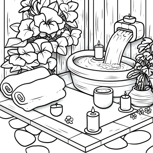 Spa relaxation scene with bathtub, flowing water — free printable relaxation coloring book page