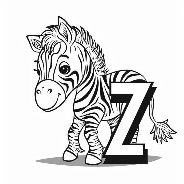 Cartoon zebra with letter z, cartoon style — free printable education coloring book page