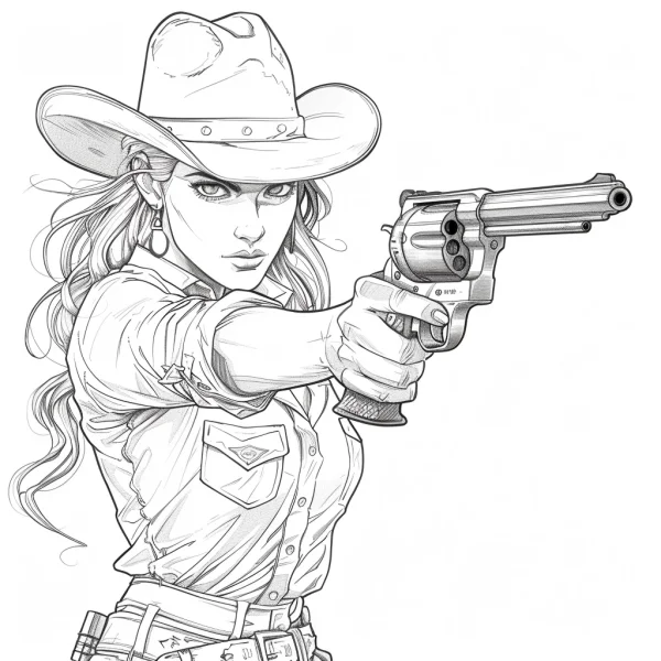 Cowgirl holding a revolver and pointing forward, western theme — free printable western cowboy coloring book page