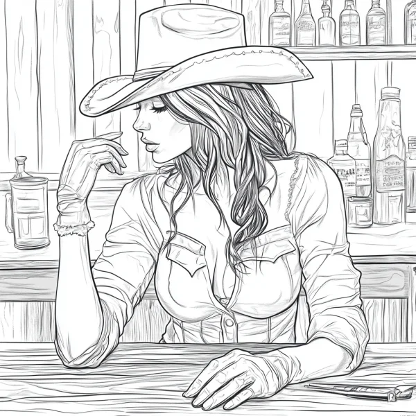 Cowgirl sitting at a western saloon bar, realistic line art style — free printable cowboy coloring book page
