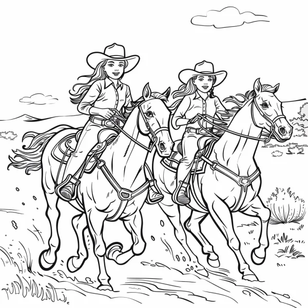 Two cowgirls riding horses, cartoon style — free printable cowboy coloring book page