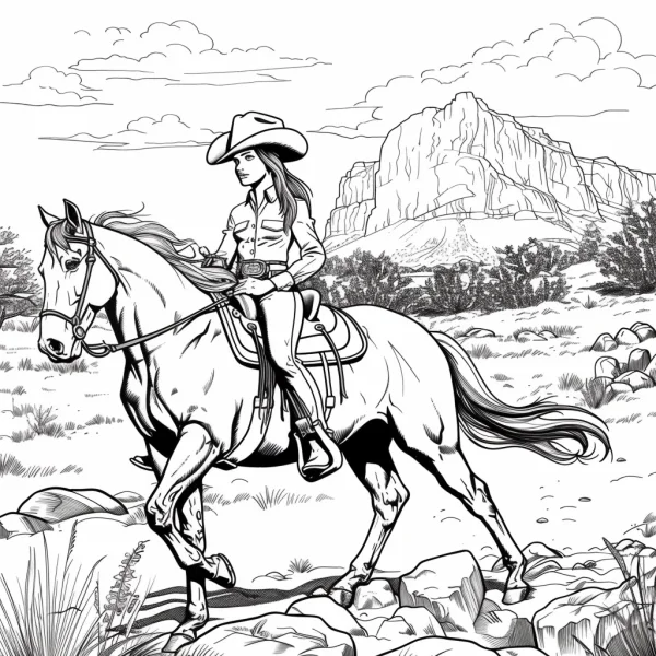 Cowgirl riding a horse, realistic line art style — free printable cowboy coloring book page