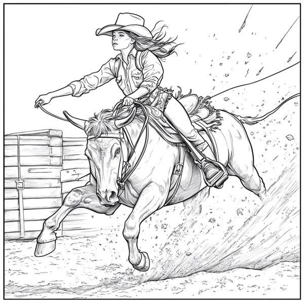 Cowgirl riding a horse in dynamic action, western realistic sketch style — free printable western cowboy coloring book page