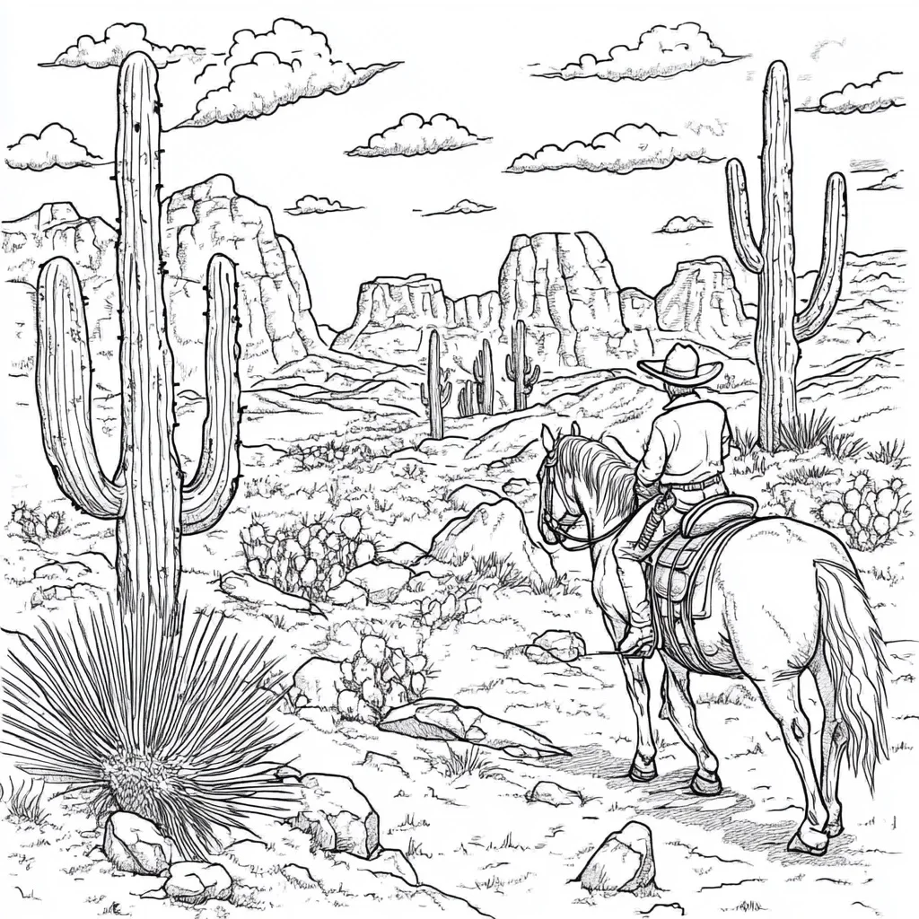 Cowboy riding a horse, realistic  desert landscape with saguaro cacti — realistic style — moderate detail — line art coloring page — for kids and adults of all ages