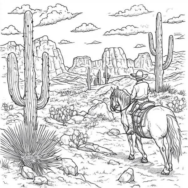 Cowboy riding a horse, realistic  desert landscape with saguaro cacti — free printable cowboy coloring book page