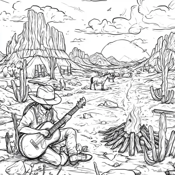 Western cowboy playing guitar in desert campsite, american western style — free printable western cowboy coloring book page