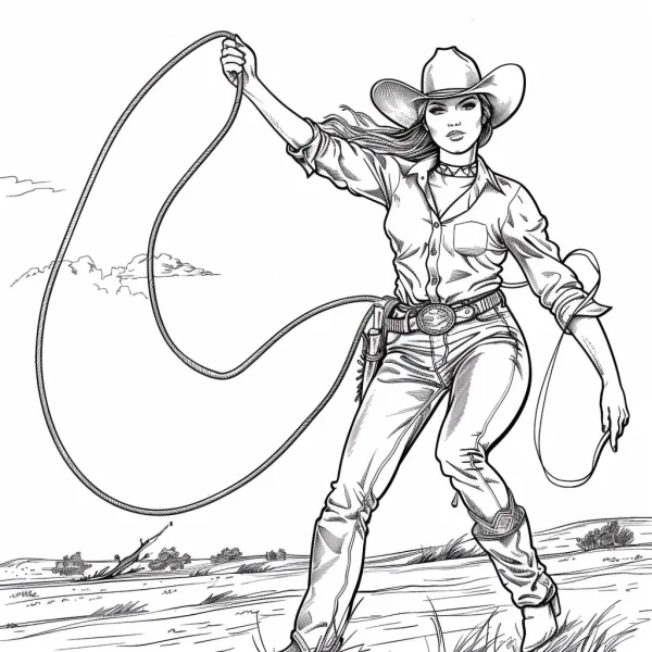 Cowgirl holding a lasso, realistic illustration style — free printable cowboy coloring book page
