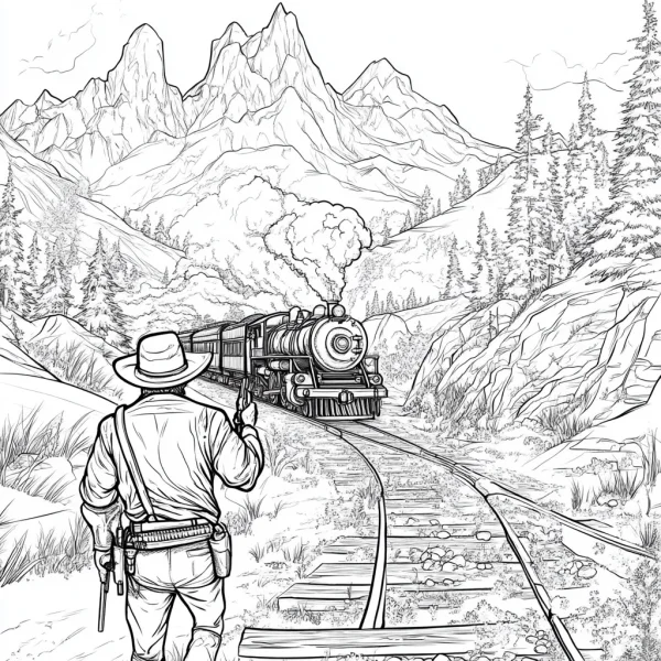 Coloring book page, western cowboy and steam train — free printable west coloring book page