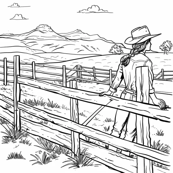 Female cowboy leaning on wooden fence, realistic line art style — free printable cowboy coloring book page