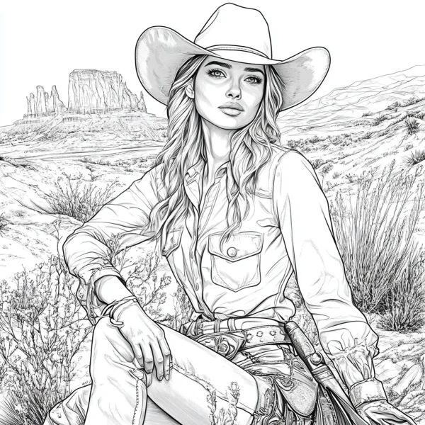 Western cowgirl with wide-brimmed cowboy hat, realistic line art style — free printable western cowboy coloring book page
