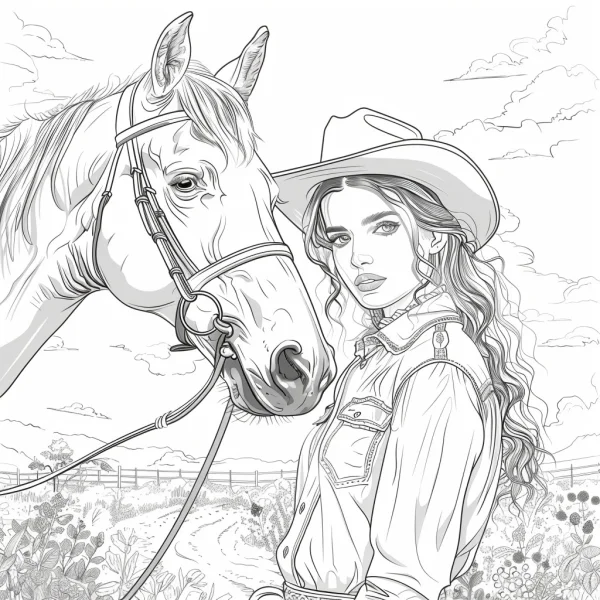 Cowgirl with a horse, realistic sketch style — free printable western cowboy coloring book page