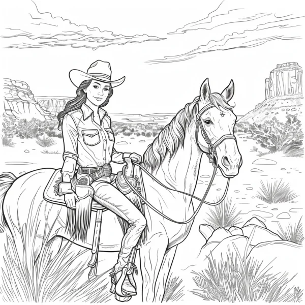 Cowgirl riding a horse, western wilderness landscape with distant mountains and clouds — free printable western cowboy coloring book page