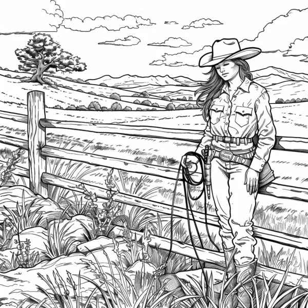 Female cowboy leaning on wooden fence, realistic sketch style — free printable career theme coloring book page