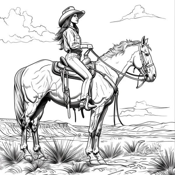 Cowgirl riding a horse, western style — free printable cowboy coloring book page