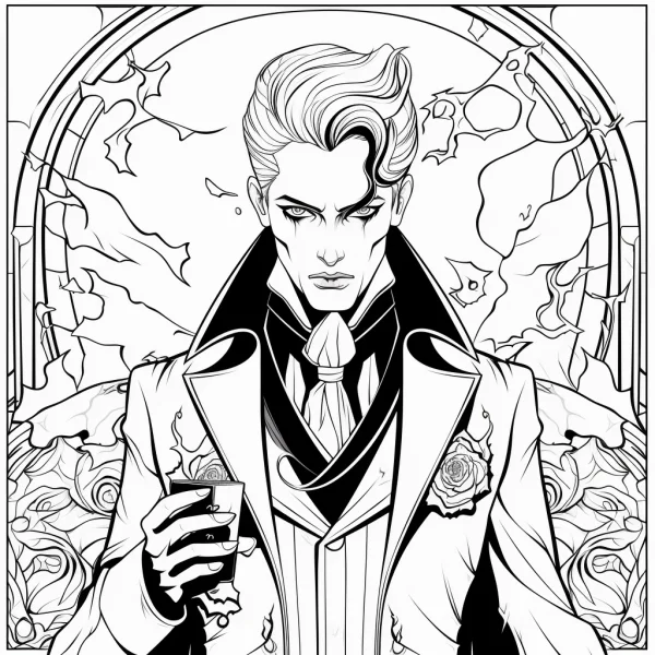 Elegant gothic man holding a wine glass, gothic style — free printable goth culture coloring book page