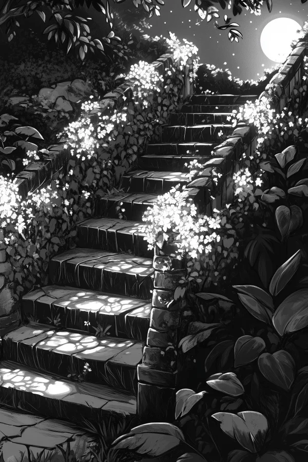 Stone staircase surrounded by plants and glowing flowers under moonlight, realistic illustration style — free printable night scene coloring book page