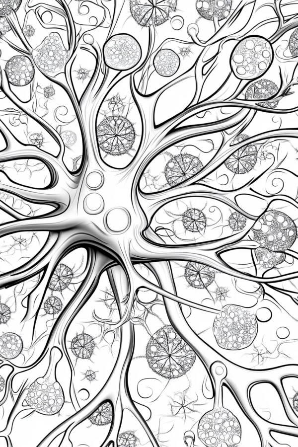 Fractal neuron cell, abstract fractal art style — free printable biology coloring book page