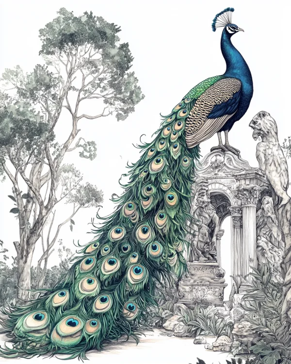 Magnificent peacock standing on classical stone sculpture with lion statue, realistic style — free printable classical architecture coloring book page