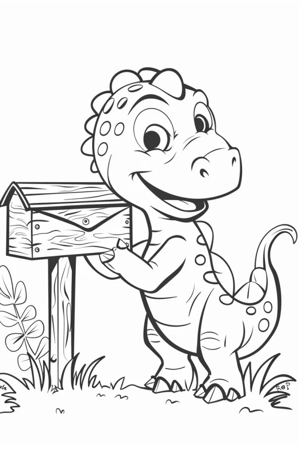 Cute cartoon dinosaur standing by a wooden mailbox, cartoon style — free printable daily scene coloring book page