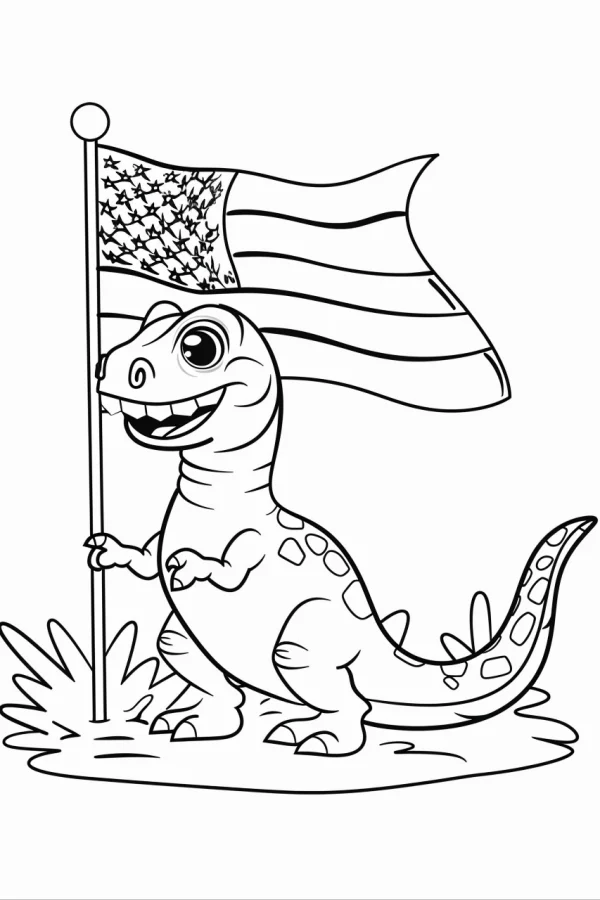 Cartoon dinosaur holding american flag, cartoon style — free printable independence day coloring book page