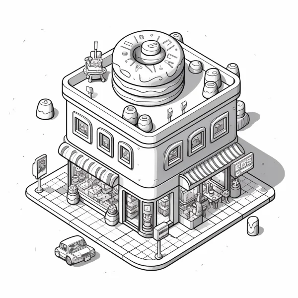 Isometric view doughnut shop, cartoon style — free printable shops coloring book page
