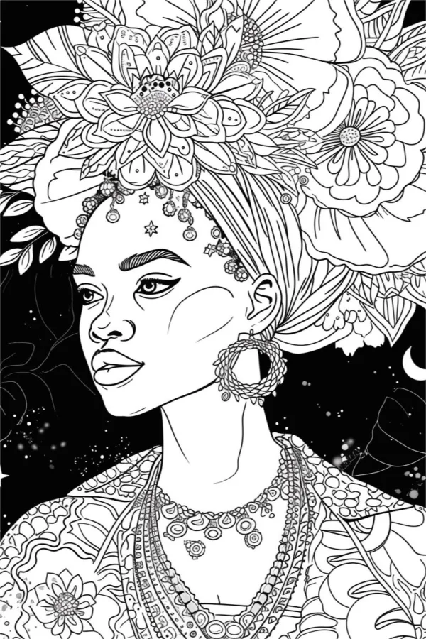 African woman with large floral headdress, african ethnic style — free printable africa coloring book page