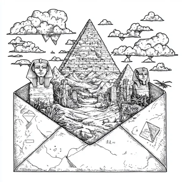 Ancient egyptian desert scene inside an open envelope, featuring pyramids — free printable historical site coloring book page
