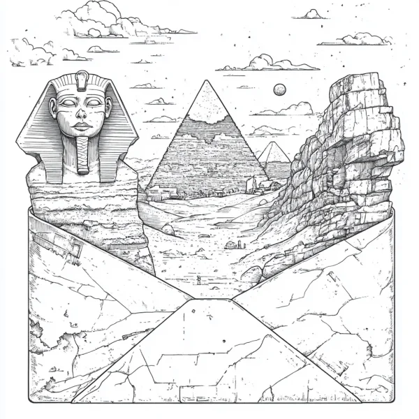 Egyptian desert scene with sphinx and pyramids, realistic illustration with egyptian style — free printable ancient ruins coloring book page