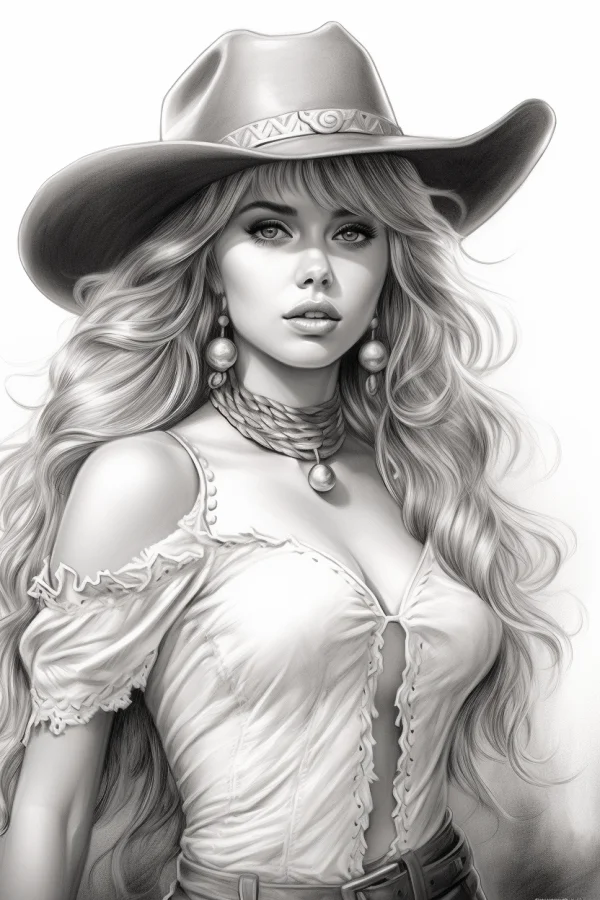 Western cowboy girl, realistic sketch style — free printable western cowboy coloring book page