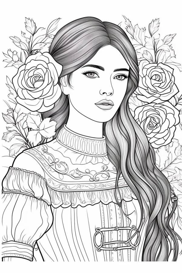 Vintage style long-haired girl, surrounded by rose flowers and leaves — free printable cultural theme coloring book page