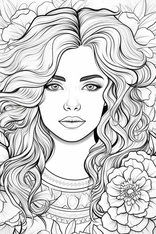 Curly-haired girl with surrounding flowers, realistic style — free printable character theme coloring book page