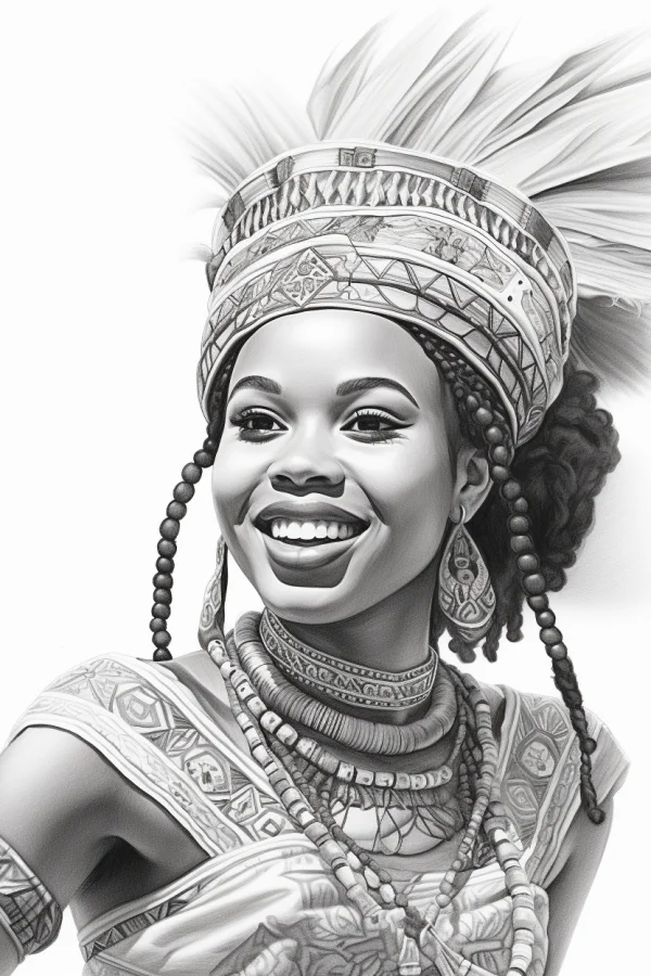 Smiling african girl wearing traditional tribal headdress with feathers, beaded braids — free printable portrait coloring book page