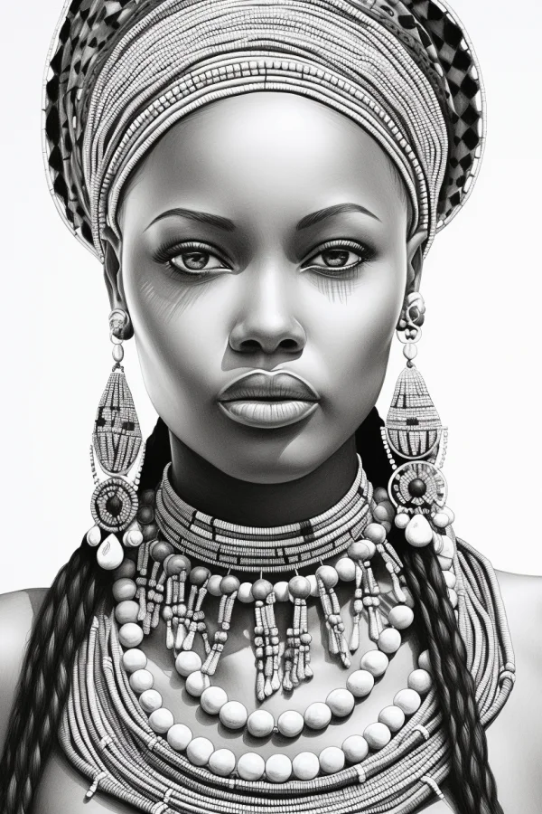 African woman in traditional tribal attire with beaded headdress, layered necklaces and drop earrings — free printable portrait coloring book page