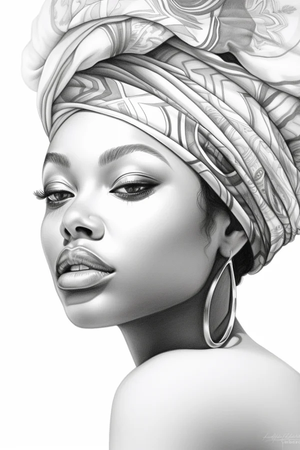 African woman wearing patterned headwrap and large hoop earrings, realistic sketch style — free printable africa coloring book page