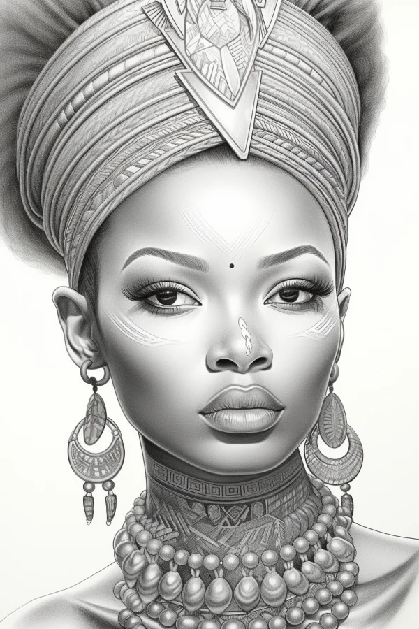 African tribal style female portrait, realistic sketch style — free printable africa coloring book page