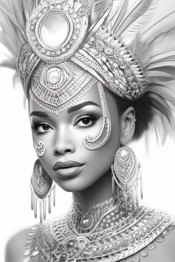 African woman wearing traditional ornate jewelry and feather headdress, realistic african style — free printable portrait coloring book page